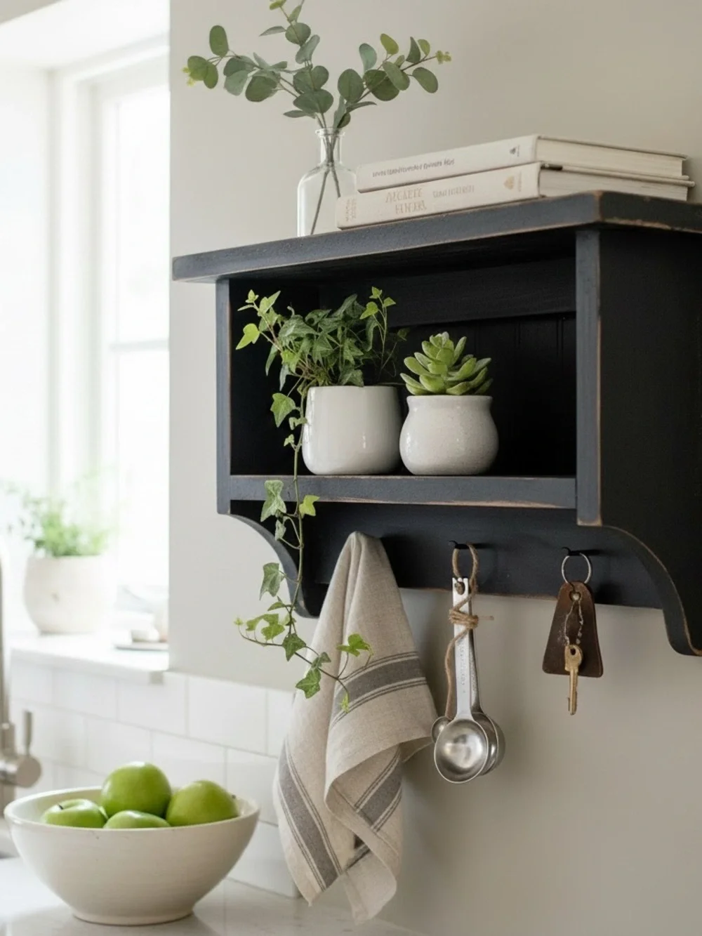 Vintage Wood Hanging Wall Display Shelf Black Farmhouse Cottage 3 Metal Pegs